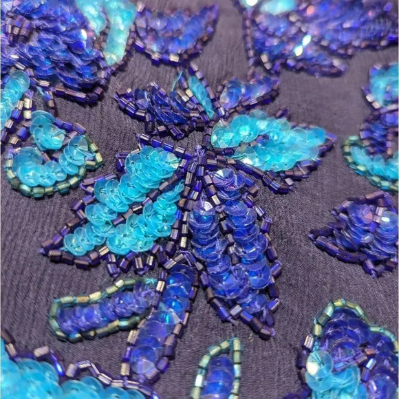 Vintage Frank Usher Blue 100% Silk Hand Beaded Blazer  Jacket Small Grandmacore - Picture 12 of 13